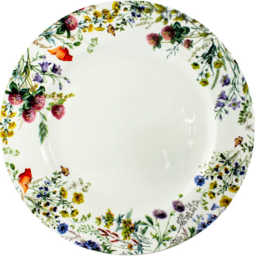round platter, bone china, meadow flowers, violas, red campion, buttercups