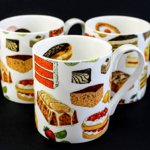 3 English bone china Bake off mugs with Donuts, Victoria sponge, Bakewell, Lemon drizzle and Red Velvet Cake