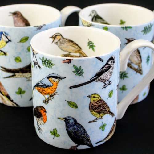 3 bone china mugs British Songbirds with Blackbird, Robin, Kingfisher, pied wagtail & blue Tit