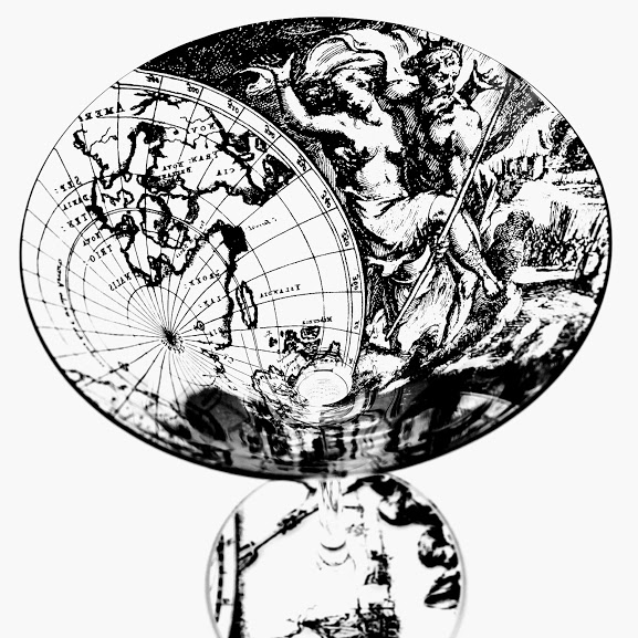 Martini cocktail glass with antique world map scene from greek myth the god of war Ares and Aphrodite
