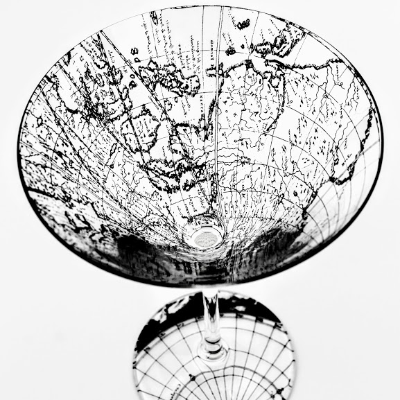 Martini Glass decorated with sections of a antique Dutch map of the world