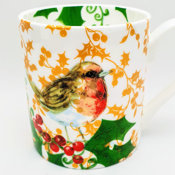 christmas mug, english bone china, Robin red breast with gold holly