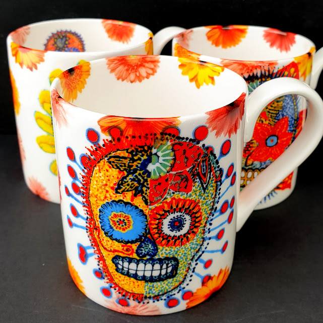 Sugar skull mugs with marigolds