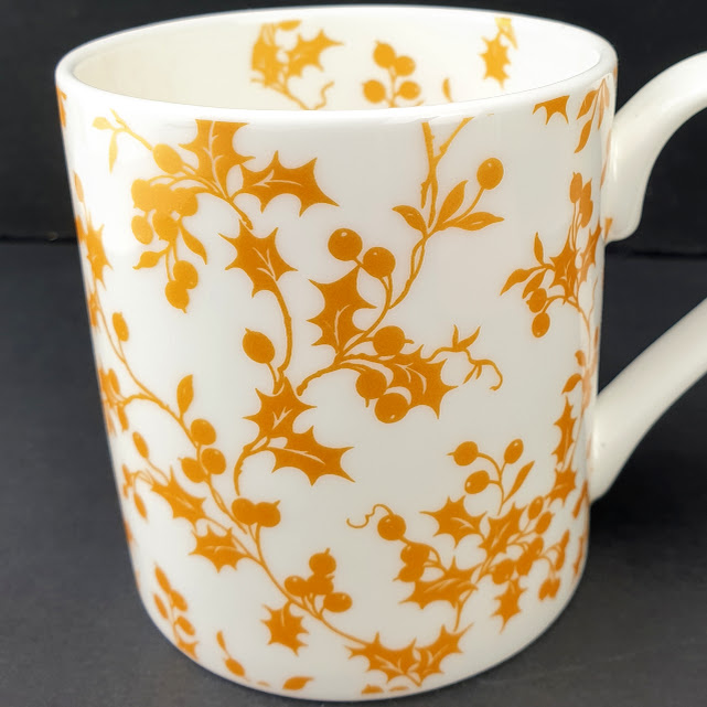 English bone china mug with golden holly