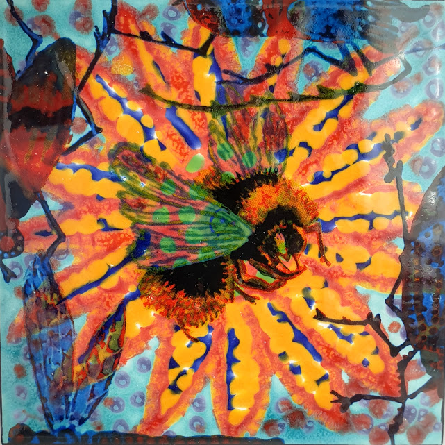 4 inch framed tile 'Bumble bee, orange flower ' - Image 2