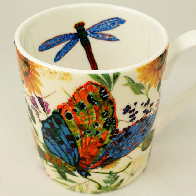 China mug with butterfly and dragonfly