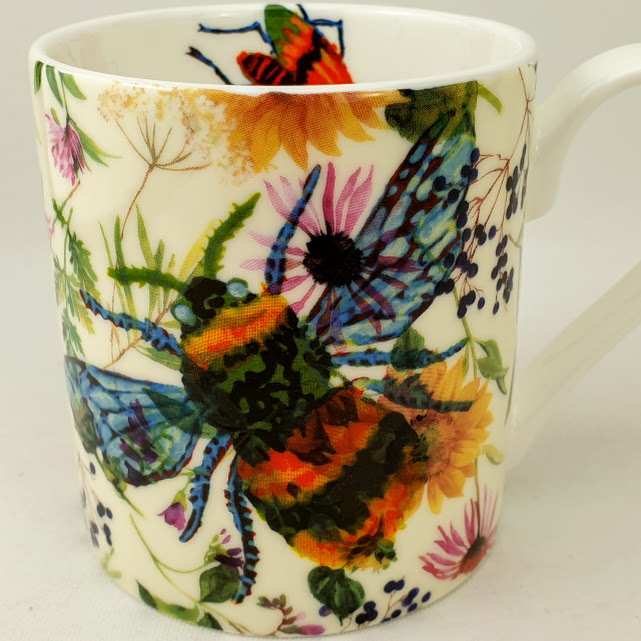 English bone china mug, honey bee, in a pasture
