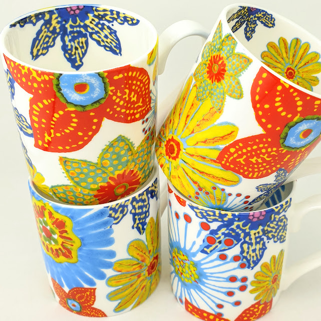 4 one off mugs in colourful flower Power inspired chintz
