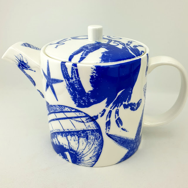 Large modern bone china teapot with blue crab and sea creatures