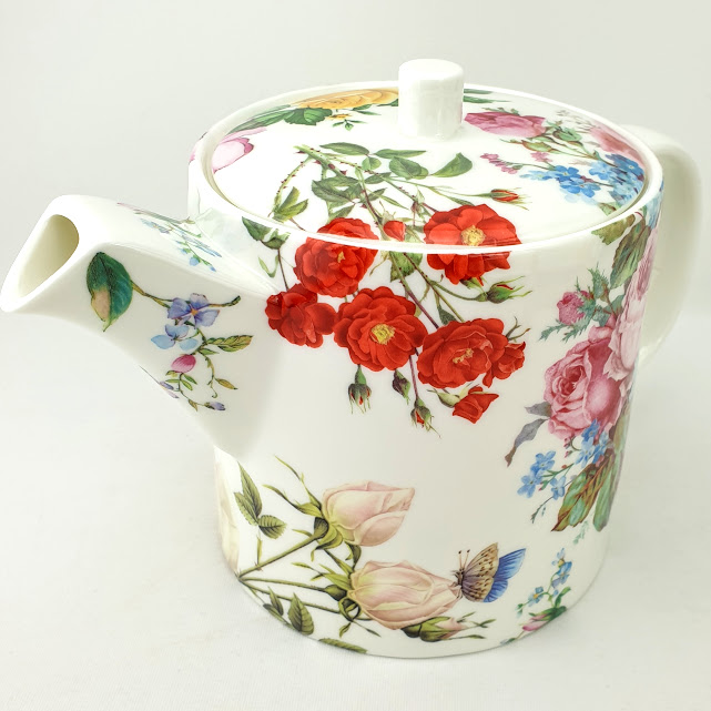 6 cup teapot yellow, pink, red white, rose design