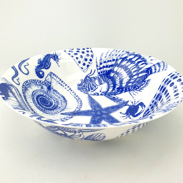 Bone china 9 inch salad bowl in blue and white with sea creatures