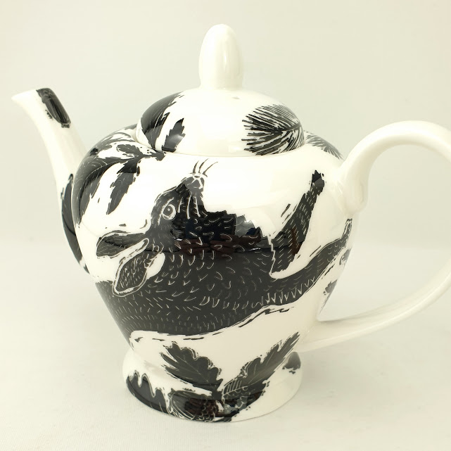 2 cup bone china teapot, wild hare woodcut style design
