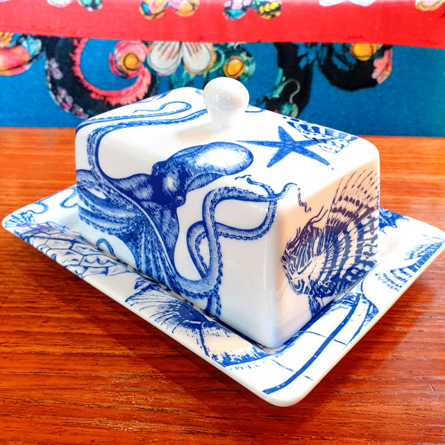 Blue and white butter dish shells octopus fish