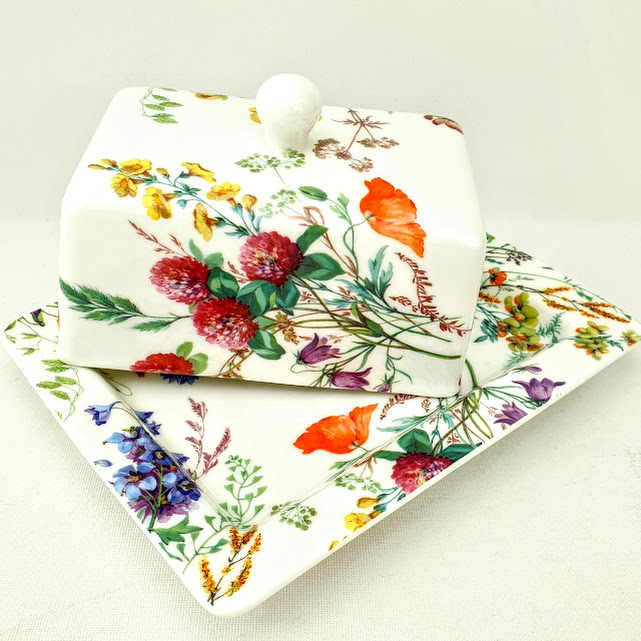 Butter dish covered in field flowers poppys and clover