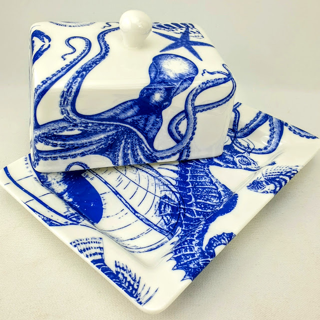 Butter dish with seahorse fish and shells