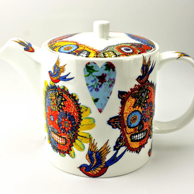 6 cup teapot, day of the dead skull design
