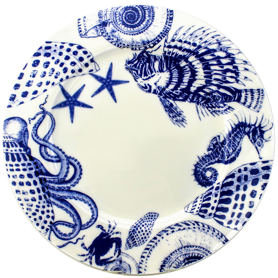 English bone china plate decorated with blue and white sea animals including sea shells. crab. octopus, starfish and sea horse