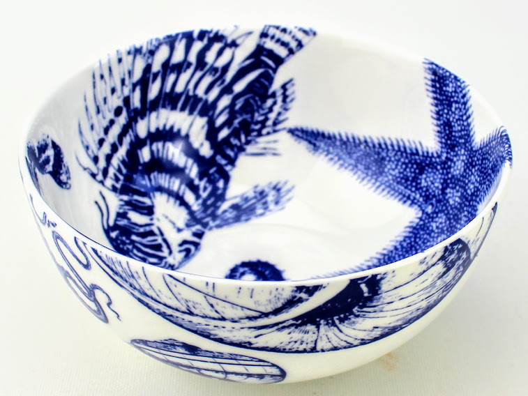 Sugar bowl blue and white british bone china. 'blue lagoon' sea theme with lion fish. starfish and shells